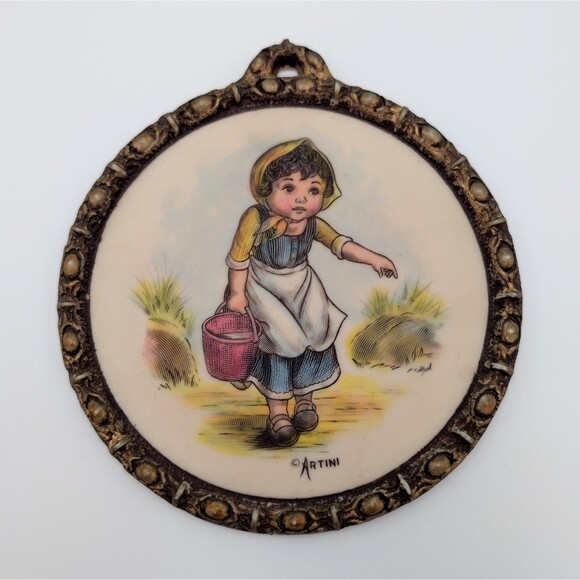 Vintage Artini Arts Twin Etched Hand Painted 4D Boy Girl Wall Hanging Decor Set - Picture 4 of 9